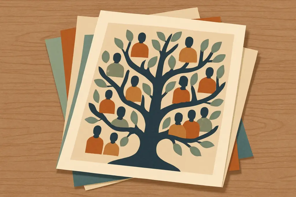 Illustration shows a collection of family trees with intertwined branches lying on a rustic wooden surface.