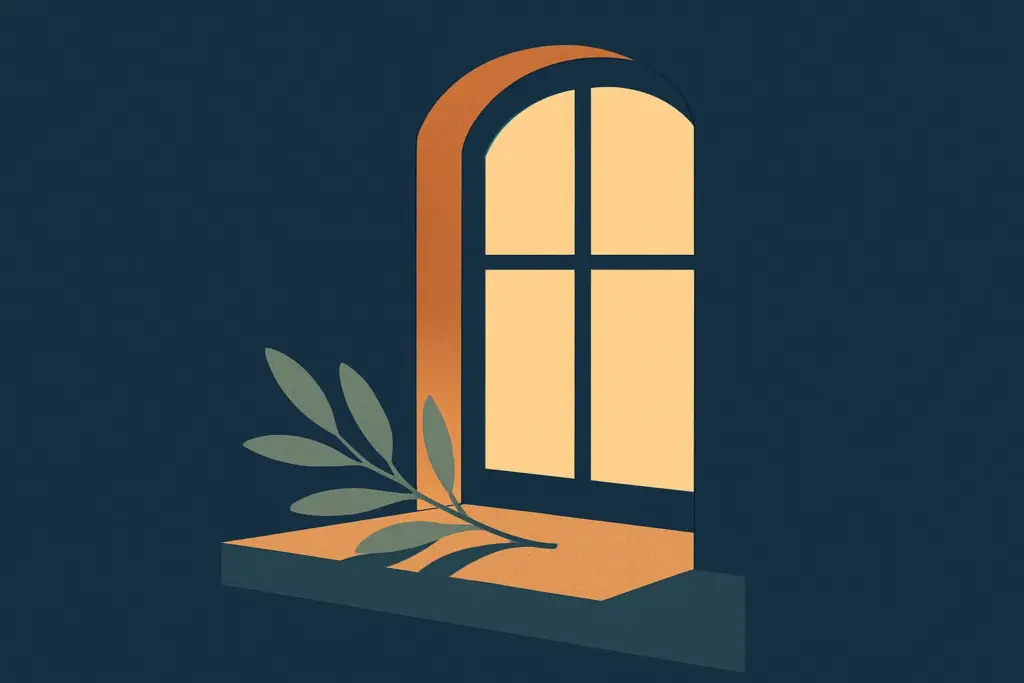 A window framed by dusky light casts a warm glow on an olive branch placed gently on the sill.