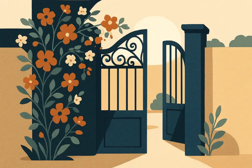 A courtyard gate slightly open, surrounded by colorful flowers, allowing soft light and wind to enter the space.