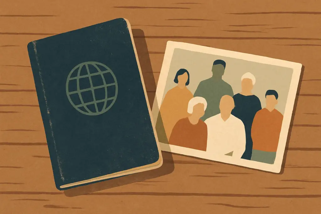 A passport and an old photograph of a family gathering lie on a rustic table, reflecting different backgrounds.