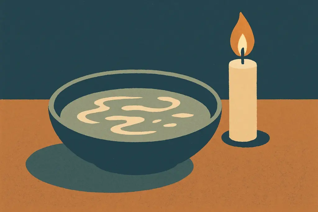 A shallow bowl filled with salt water sits on a textured surface, illuminated by the soft glow of a nearby flickering candle.