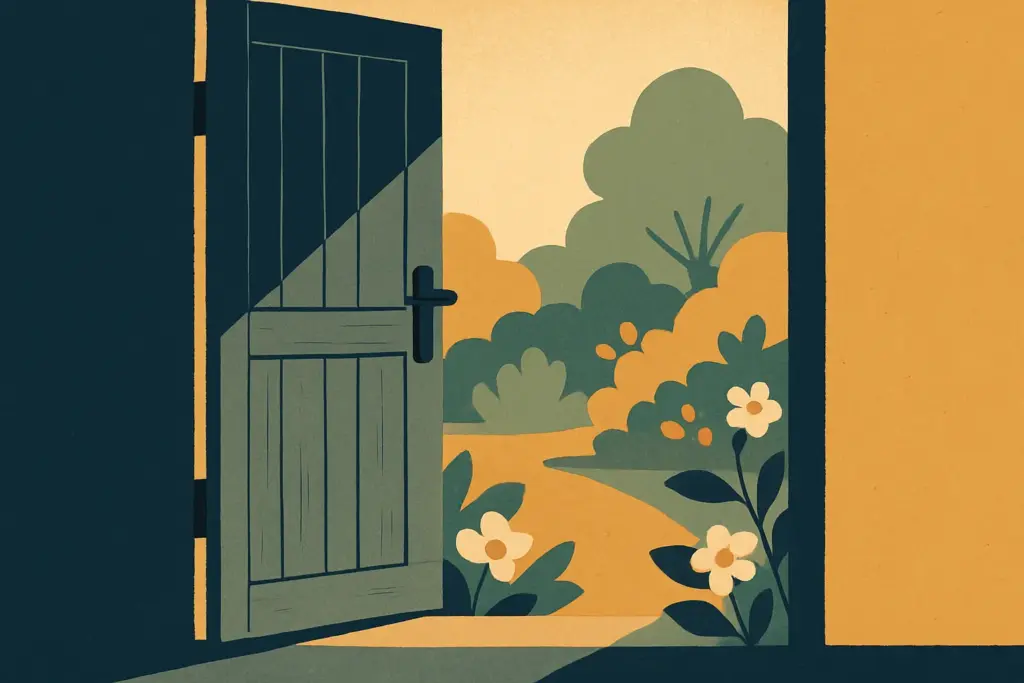 A rustic wooden door slightly ajar opens to a sunlit garden, showcasing colorful flowers and lush greenery beyond the threshold.