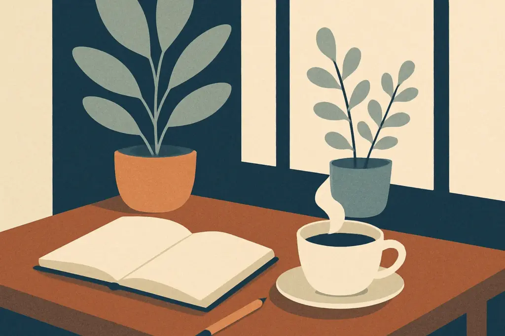 An inviting scene of an open notebook and pencil on a table, with tea and plants creating a warm atmosphere.