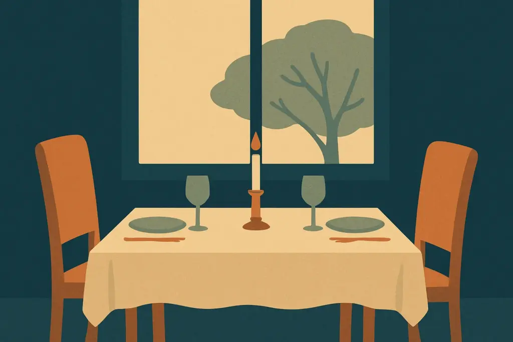 A cozy dining scene with two empty chairs at a table, candles ready to be lit, and a view of trees through a window.