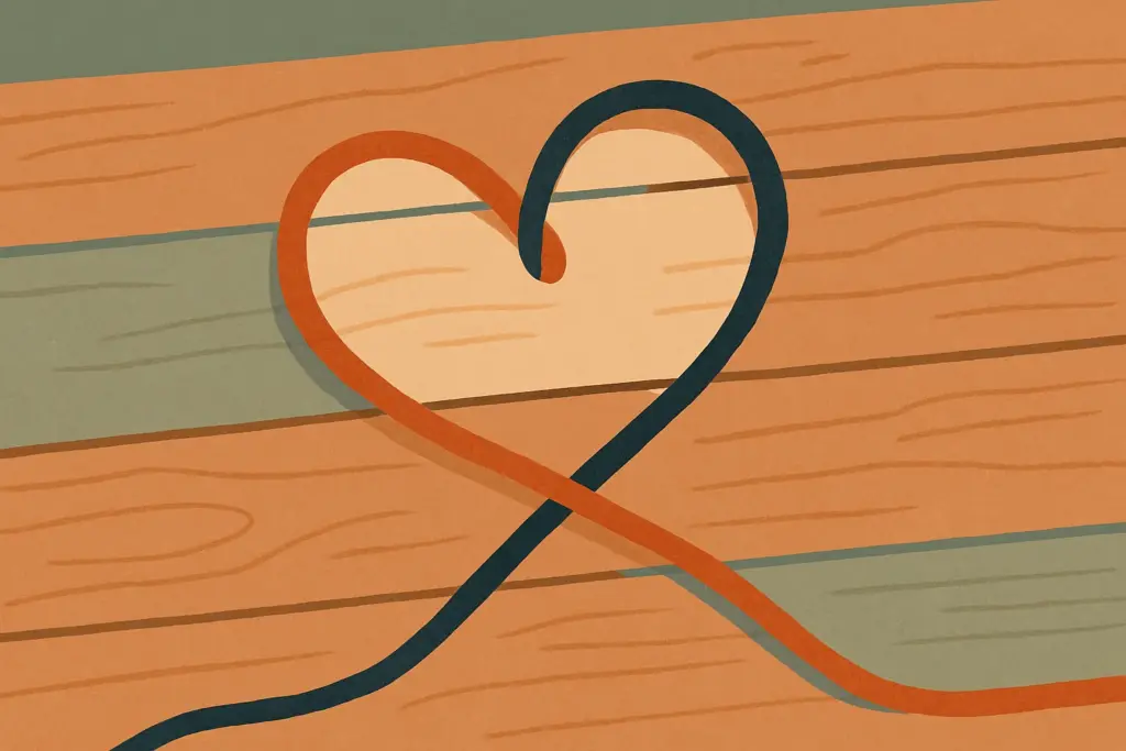 A close-up view of two colorful threads twisted together to create a heart, resting on a weathered wooden surface.