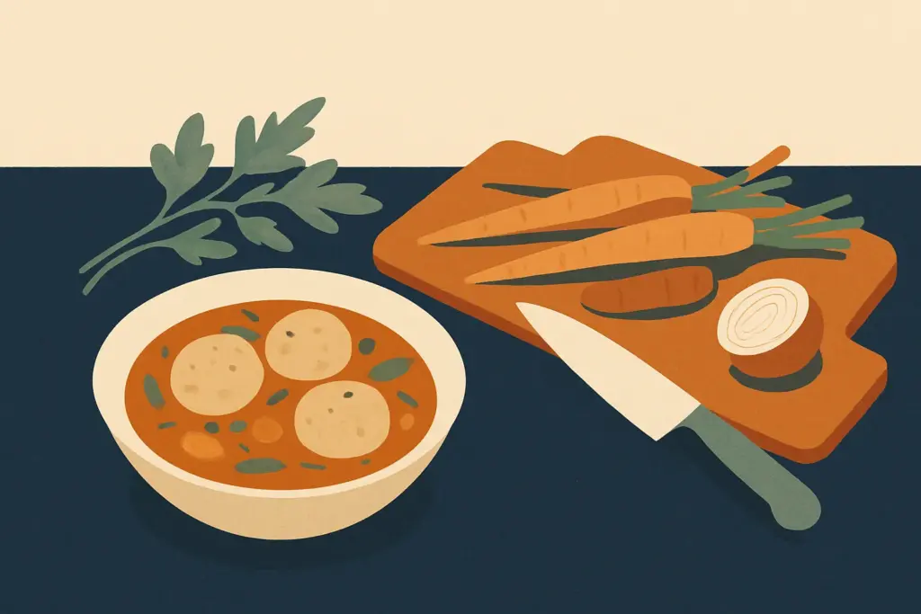 A kitchen counter displays a bowl of matzo ball soup alongside fresh herbs and vegetables, evoking family meal preparation.
