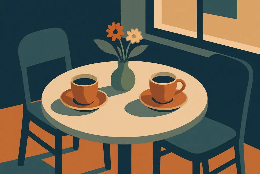 A cozy café table for two, adorned with coffee cups and flowers, captures an intimate evening atmosphere.