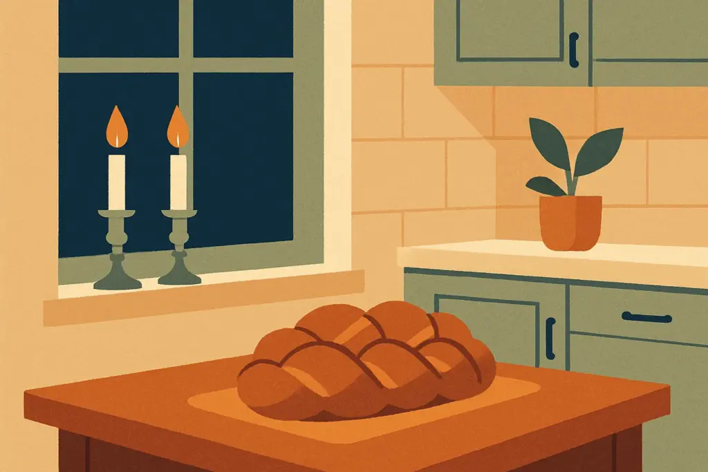A cozy kitchen scene shows flickering candles on a windowsill next to a braided challah loaf resting on the table.
