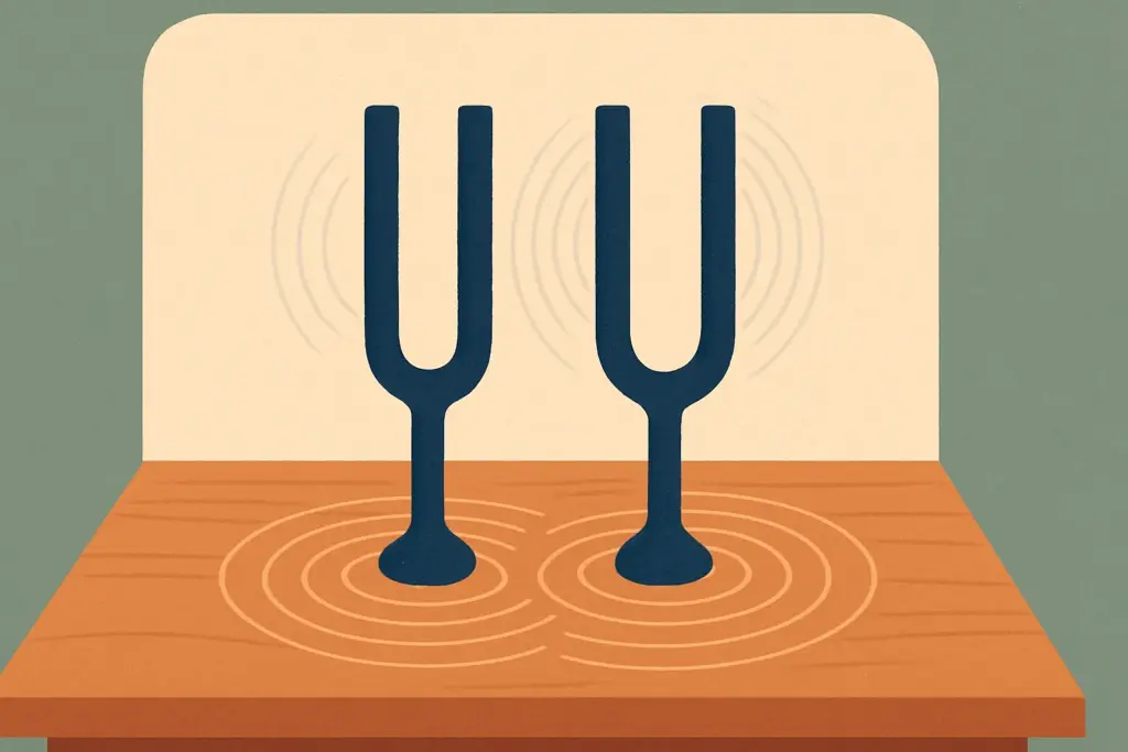Two tuning forks sitting on a table, creating gentle ripples in the air around them, symbolizing harmony and resonance.