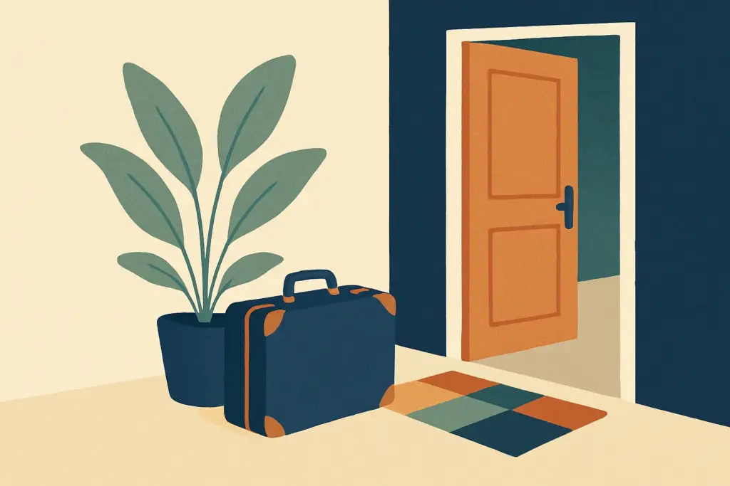 A suitcase and a houseplant are positioned next to an open door adorned with a vibrant welcome mat.