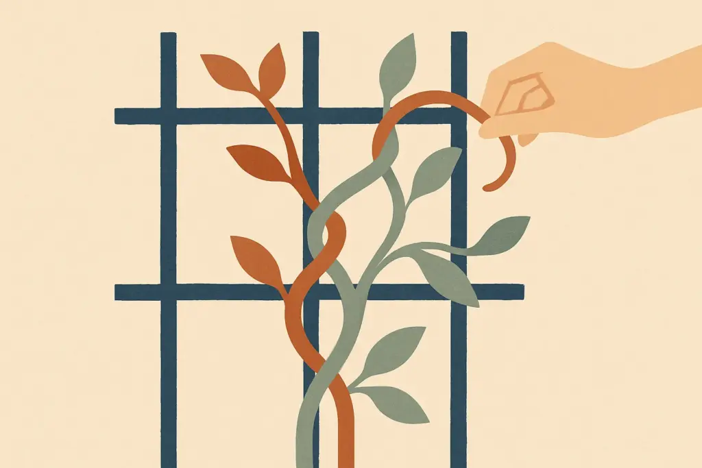 Illustration shows two intertwined vines on a trellis, symbolizing the process of resolving differences and easing tensions.