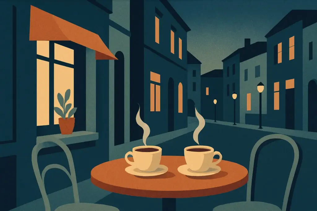 A romantic café scene with two coffee cups on a small table, illuminated by soft evening light.