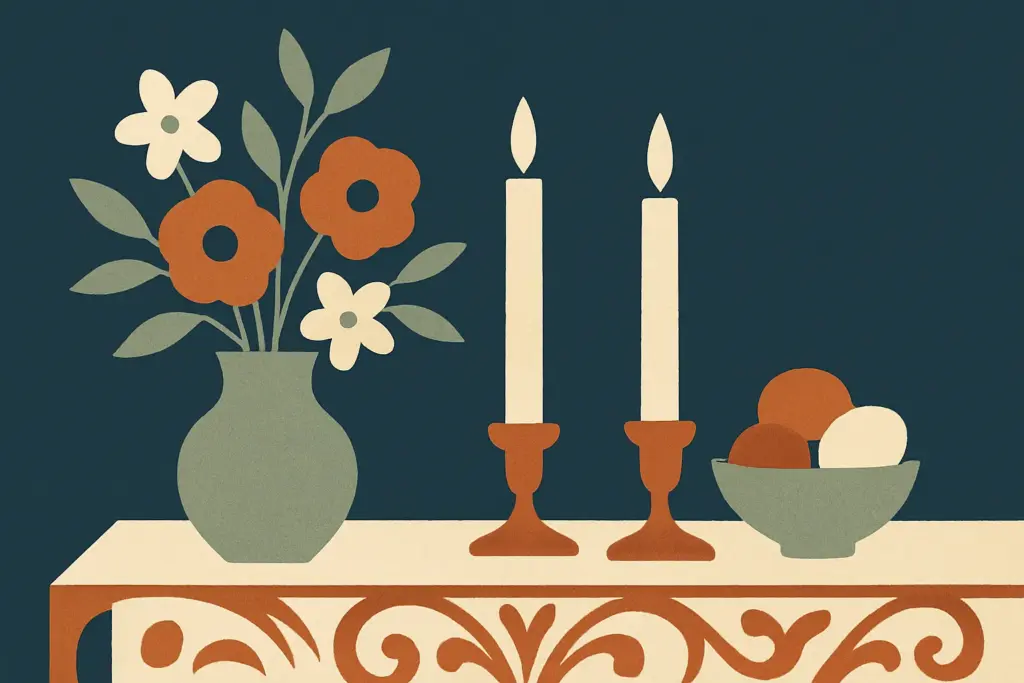 A table is set with unlit candles, fresh flowers, and a bowl of fruit, creating an inviting atmosphere for discussion.