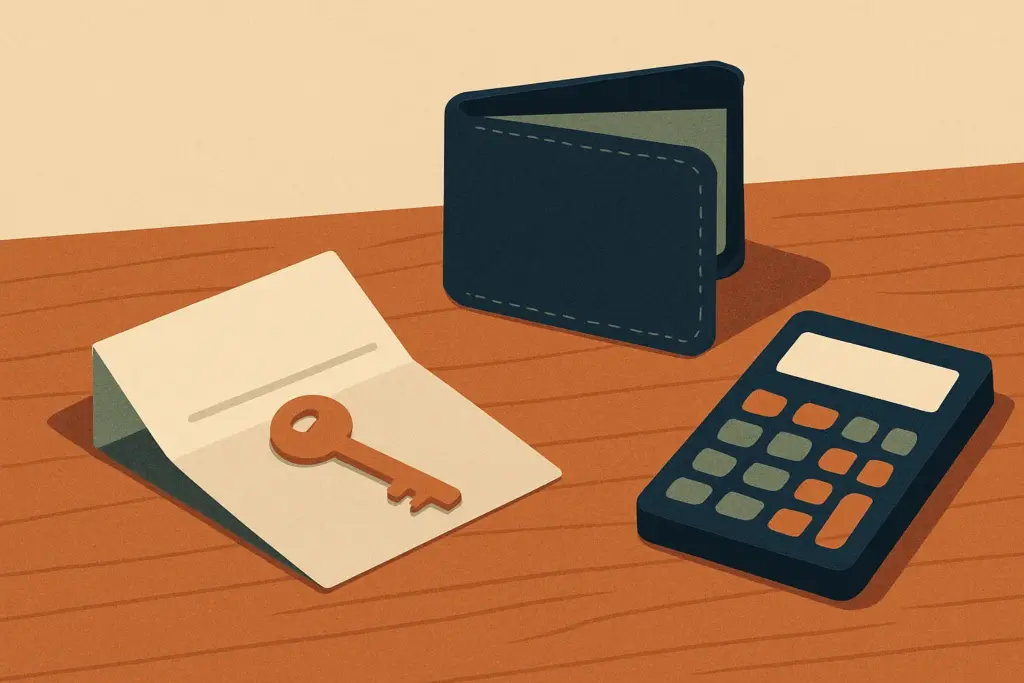 An open wallet and calculator sit alongside a key and folded document on a wooden table, suggesting financial discussions.