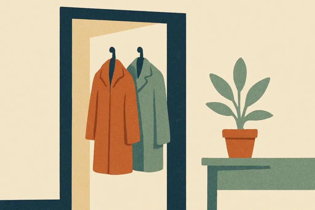 An inviting entryway features matching coats and a vibrant plant, symbolizing partnership and shared space.