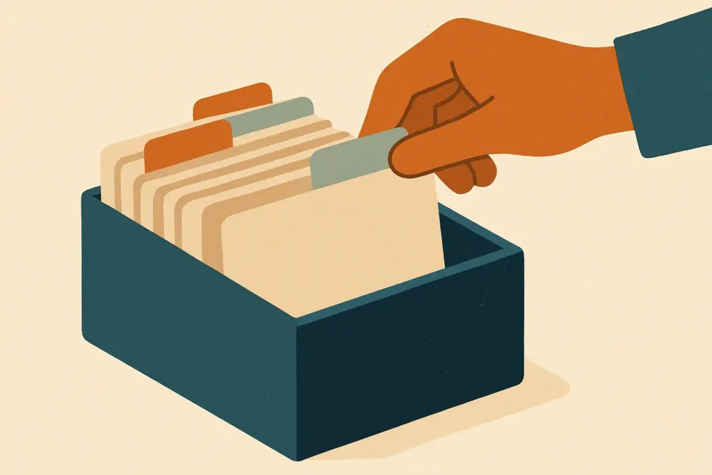 An open card index box filled with neatly arranged cards, with a hand adding a new card labeled 'Interests'.