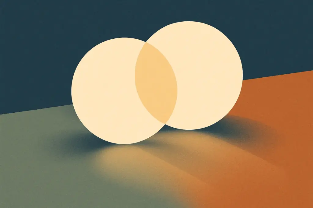 The illustration shows two overlapping circles of light on a surface, creating a tranquil atmosphere with soft shadows.