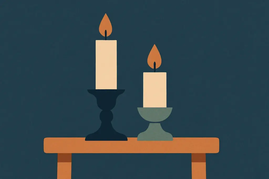 A tall and a short candle in holders sit together on a wooden table, symbolizing unity and hope in a shared journey.