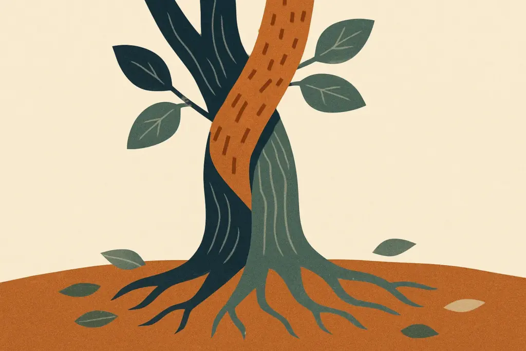 Two intertwined tree trunks showcase distinct bark textures, with roots and fallen leaves creating a connection between them.
