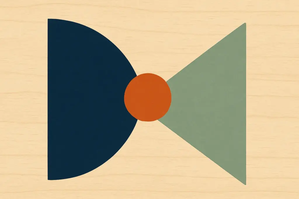 Two geometric shapes sit aligned at their edges on a wooden table, symbolizing potential and unity in relationships.