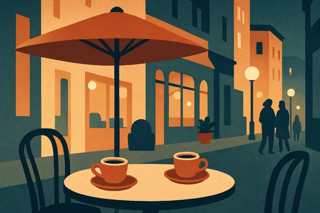 A cozy café table set for two, featuring steaming coffee cups, under the warm glow of city lights in the evening.