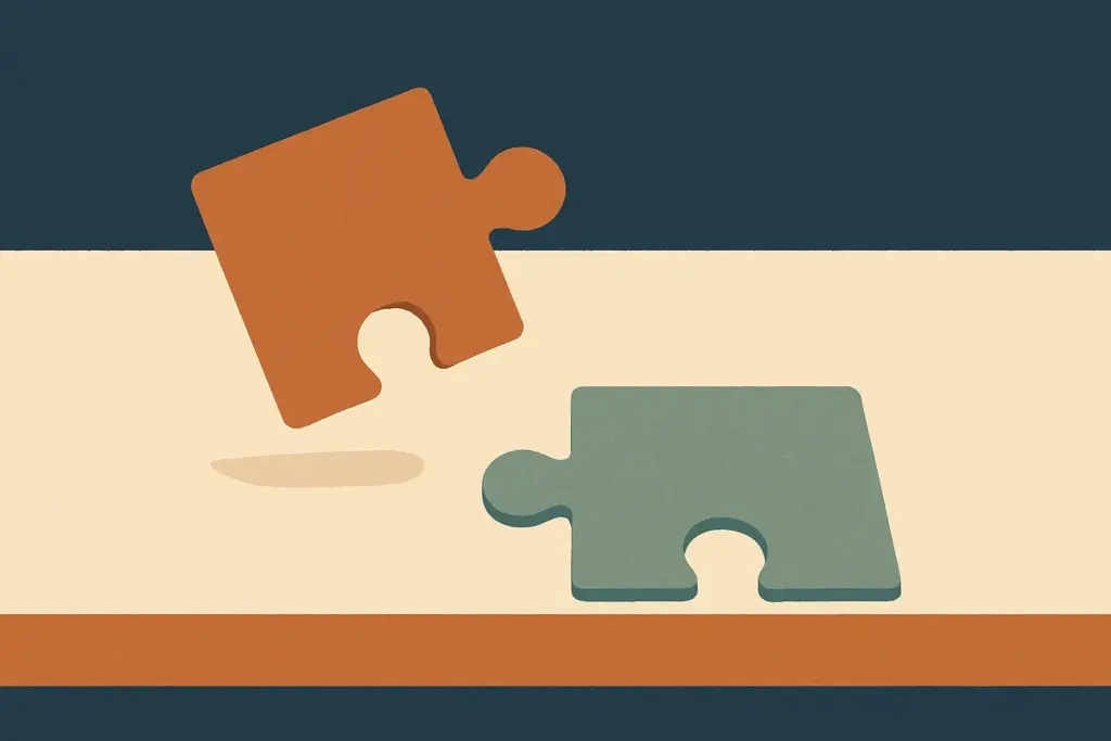 An image of two puzzle pieces on a wooden table, with one piece slightly raised, symbolizing connection and potential.