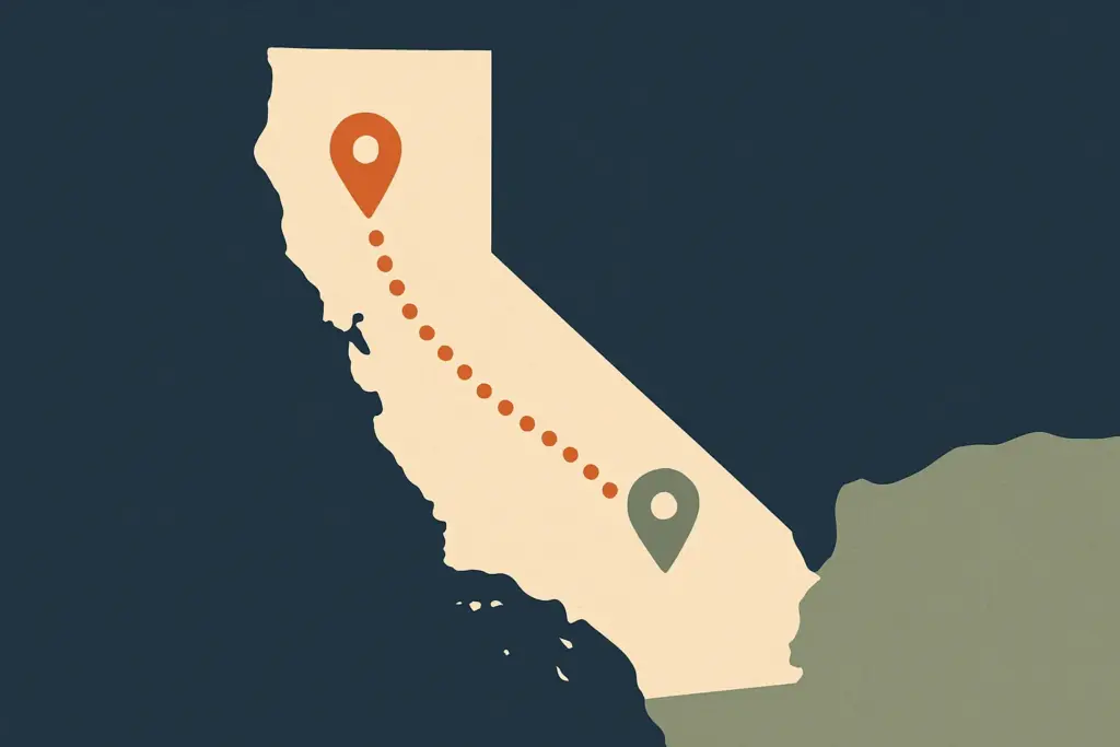 A map of California shows two pins and a dotted line connecting them, symbolizing distance and connections in matchmaking.