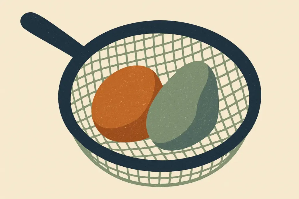 A sieve holds two unique stones, emphasizing their distinct shapes and colors while resting on a natural surface.