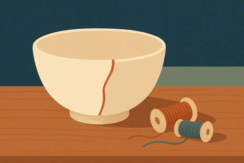 An artful bowl with a crack is placed next to two strands of thread, symbolizing healing and connection on a table.