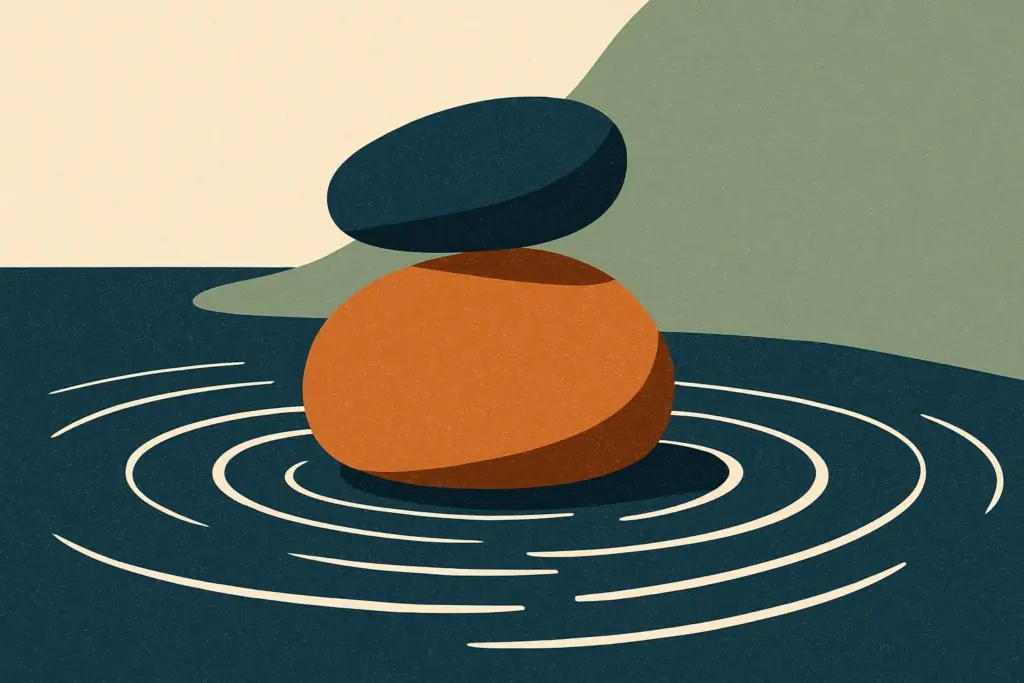 A stack of two smooth stones balanced above a stream, conveying an idea of stability and choice amidst flowing water.