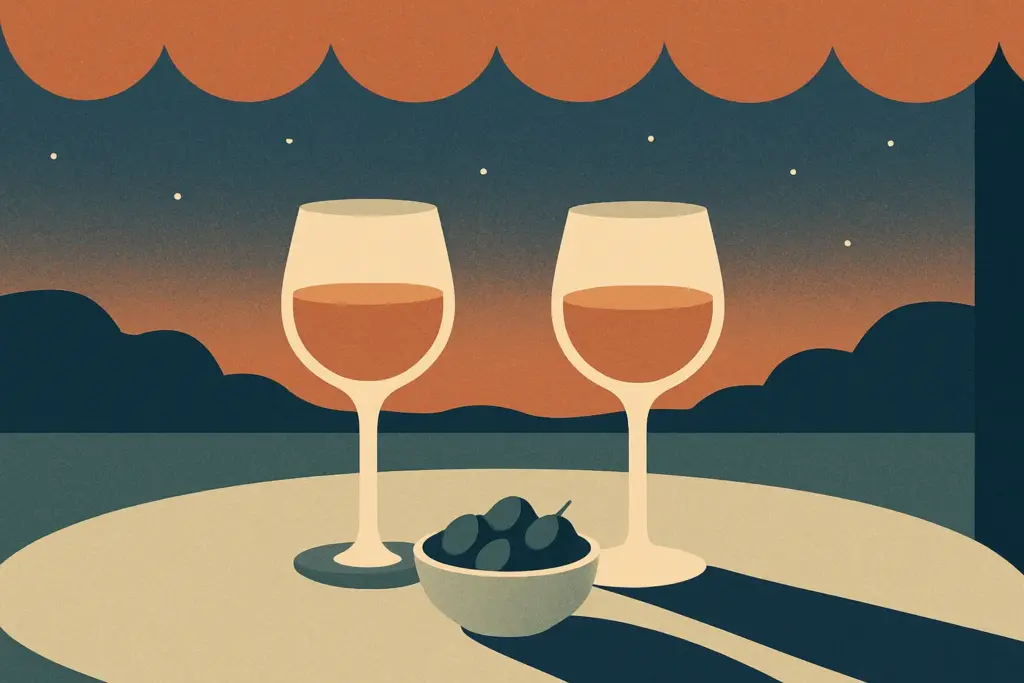 A table set with a bowl of olives and two wine glasses, softly illuminated under an awning in the evening.