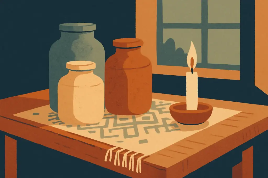 A cozy wooden table displays spice jars and a candle, creating a warm and inviting atmosphere in a dimly lit room.