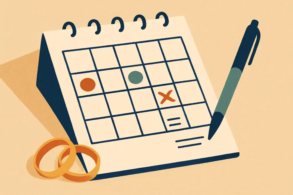 A calendar page displaying significant dates next to a pen and two intertwined rings symbolizes planning for engagement discussions.