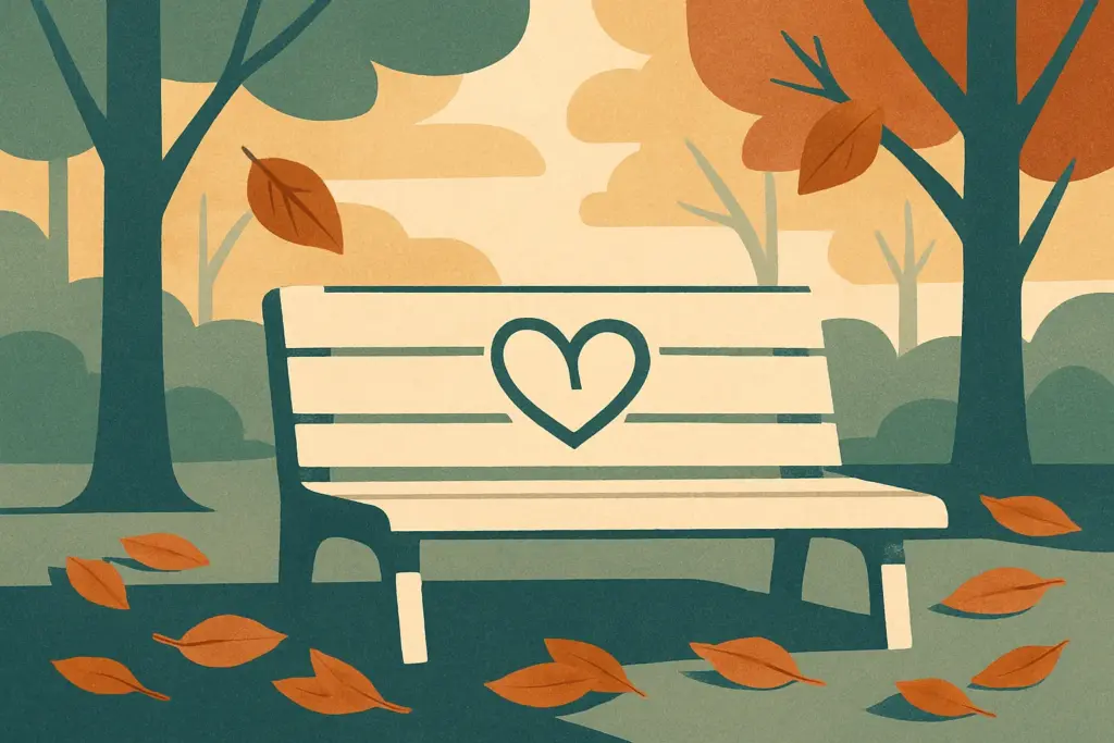 Two heart shapes carved into a wooden bench, with colorful autumn leaves scattered around them, illuminated by soft sunlight.