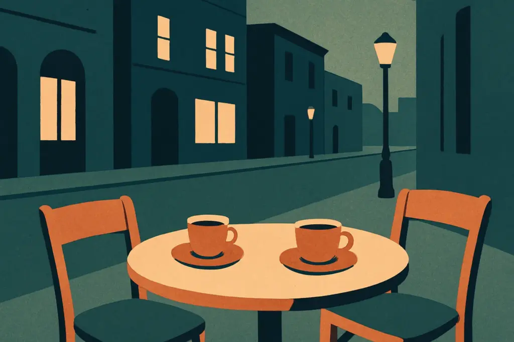 A cozy café table set for two, with coffee cups on a peaceful city street at dusk, suggesting intimate conversation.
