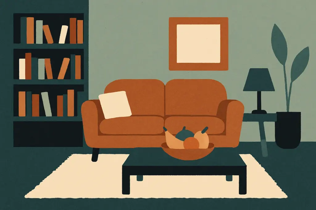 A warm living room featuring a plush rug, a bookshelf brimming with books, and a bowl of colorful fruit on the table.