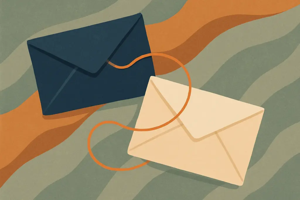 An illustration of two envelopes linked by a string, set on a textured fabric surface.