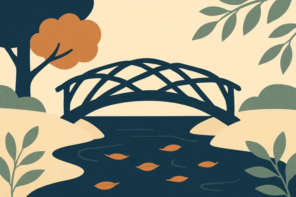 A rustic bridge of intertwined branches stretches across a serene stream, with leaves lazily drifting on the calm water.
