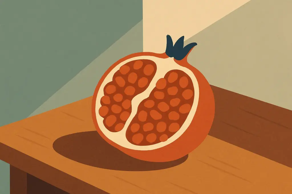 A vibrant pomegranate lies open, showcasing its bright seeds, symbolizing cultural richness and diversity.