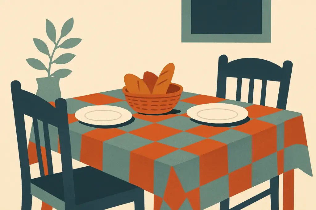 A dining table adorned with a colorful tablecloth, two places set for a meal, and a basket of bread inviting shared moments.