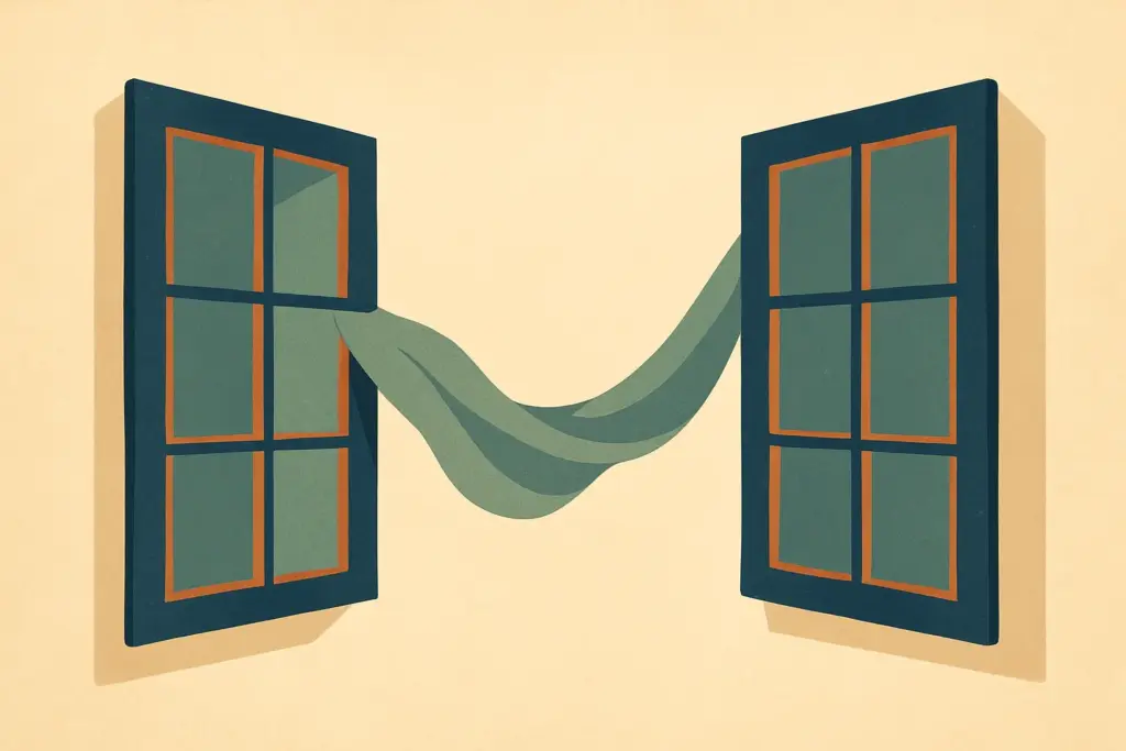 The illustration shows two open windows linked by delicate fabric, symbolizing connection and openness despite distance.