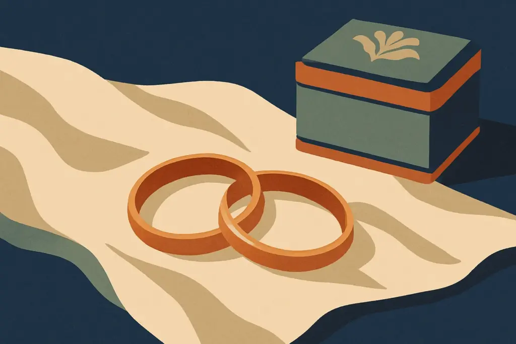 A close-up of two rings entwined on soft fabric next to an ornate box, symbolizing connection and commitment.