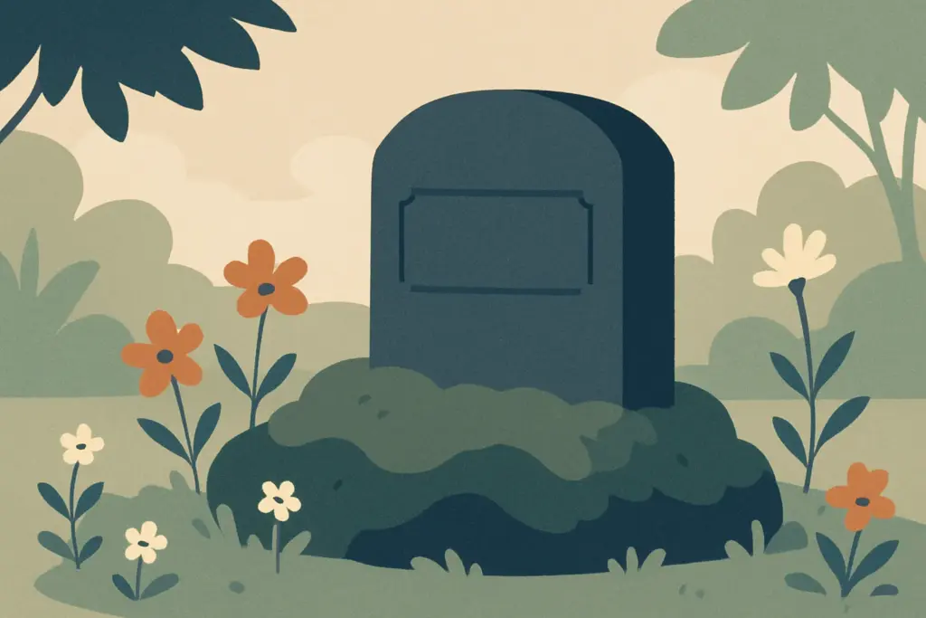 A stone bearing a carved name lies on lush moss, flanked by delicate wildflowers in a peaceful garden scene.