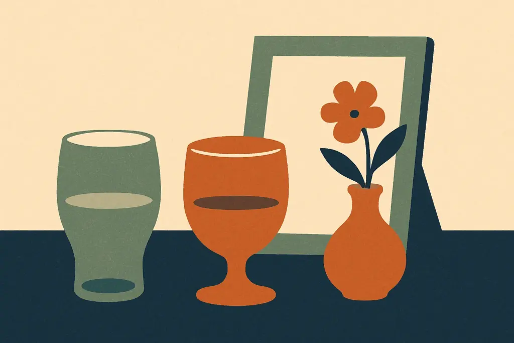 A close-up of two glasses on a table alongside a vase with a singular flower and an empty photo frame.