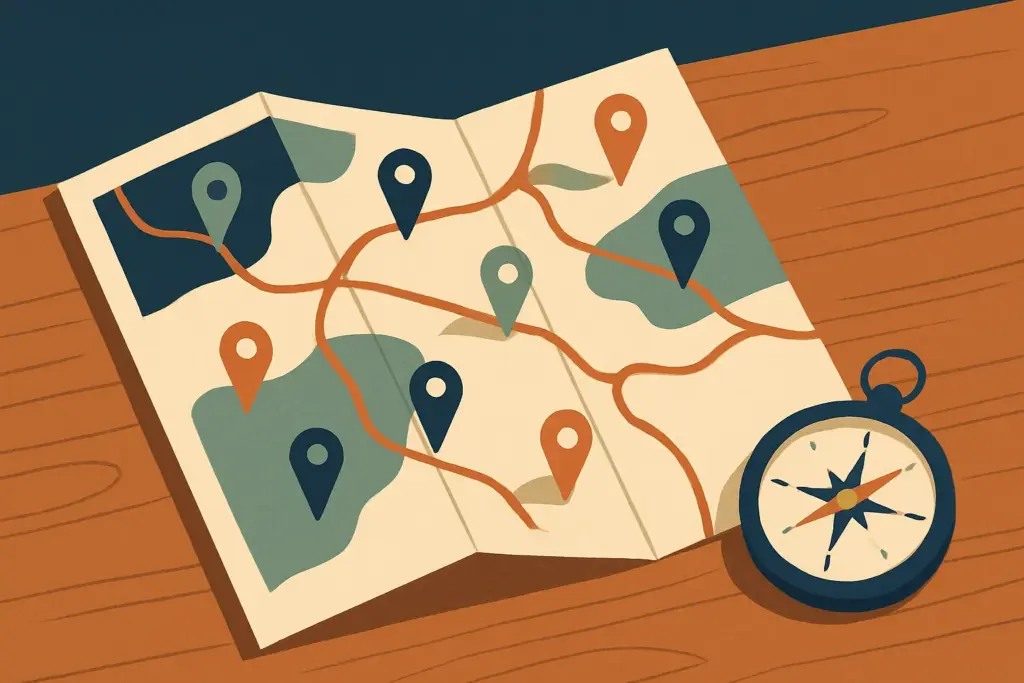 A map displays different paths marked with colorful pins alongside a compass on a wooden table.