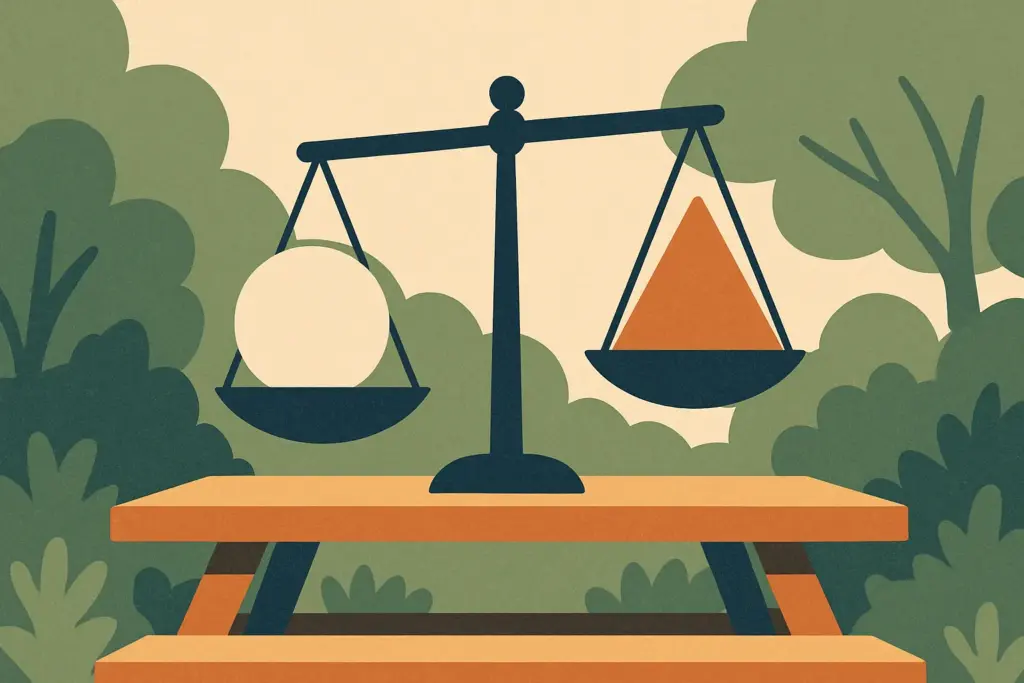 A balance scale on a picnic table shows different shapes, symbolizing the weighing of dating differences in relationships.